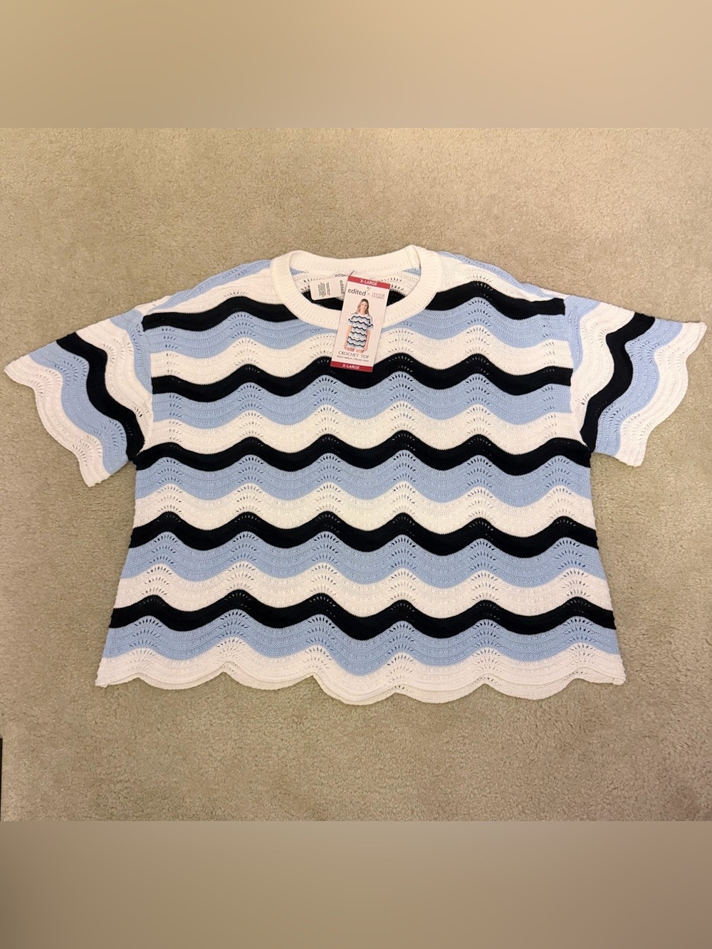 Women’s Wave-Stripe crochet Top - Blue, White & navy